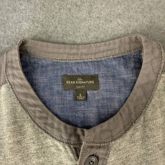 LL Bean Signature Gray Long‎ Sleeve Henley Shirt Slim Fit Casual Mens Large - Picture 2 of 12